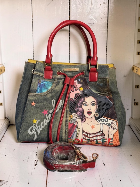 Nicole Lee Handbags - Nicole Lee Pre-Loved Fun Denim Retro Bling Pop-Art Tote with Red Handles (P248)